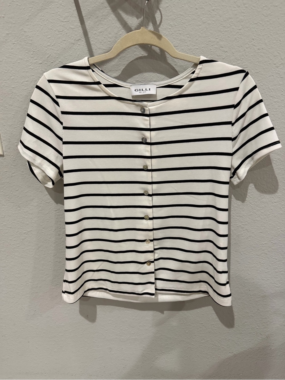 Gilli White Top with Black Horizontal Stripes and Button-Front by Evereve
